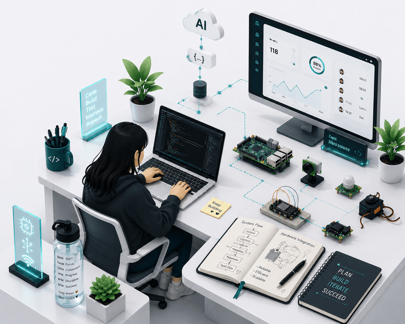 Isometric illustration of AI, IoT, and software engineering workspace